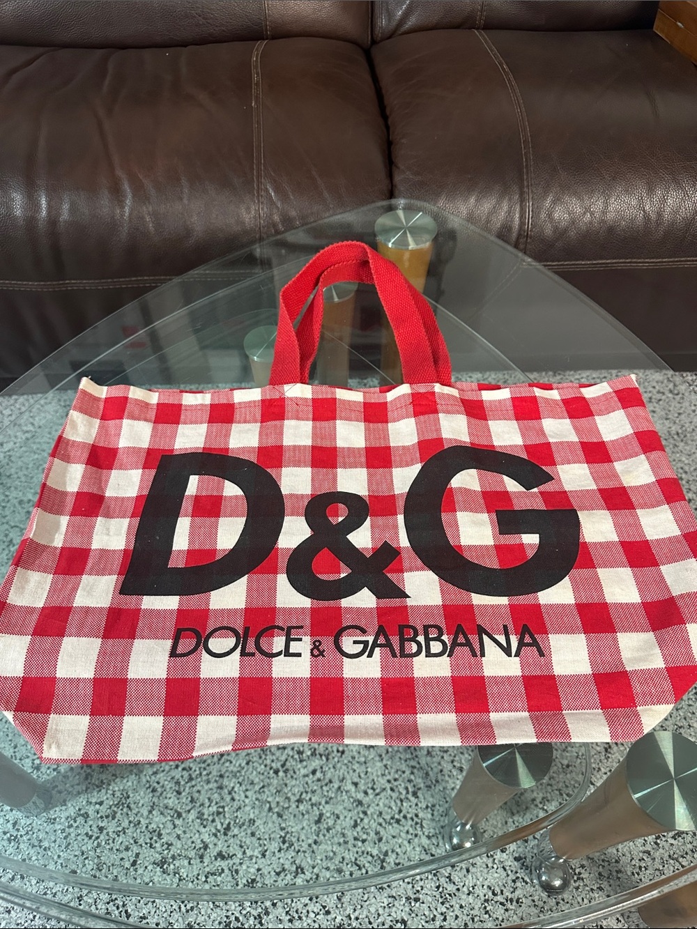 Dolce & Gabbana Red and White Check Canvas Tote Bag with D&G Logo